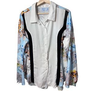 Tropical Blouse Womens 2XL Color Block Floral Print Lightweight Beachy Hawaiian